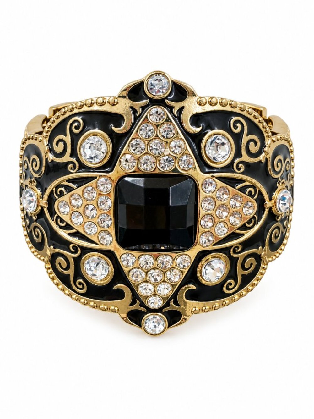Art Deco Black Enamel Rhinestone Hinged Cuff Bracelet Gold Tone